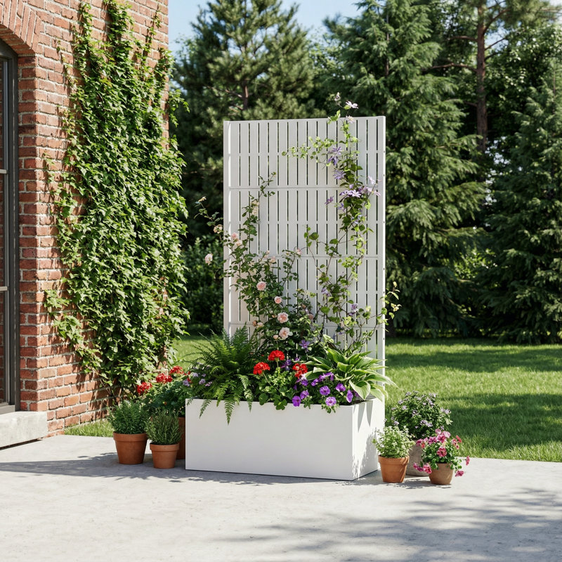 Metal Planter Box with Trellis without Wheels, white