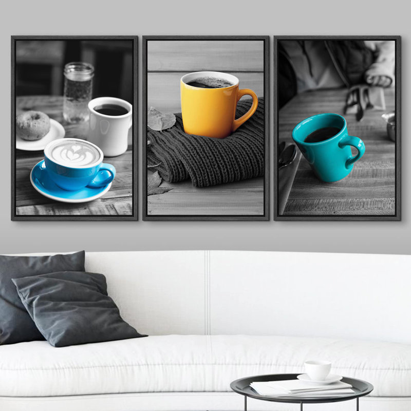 Partial Color Cups on Black and White Table Modern Wall Decor, Wrapped Canvas, 36" H x 72" W