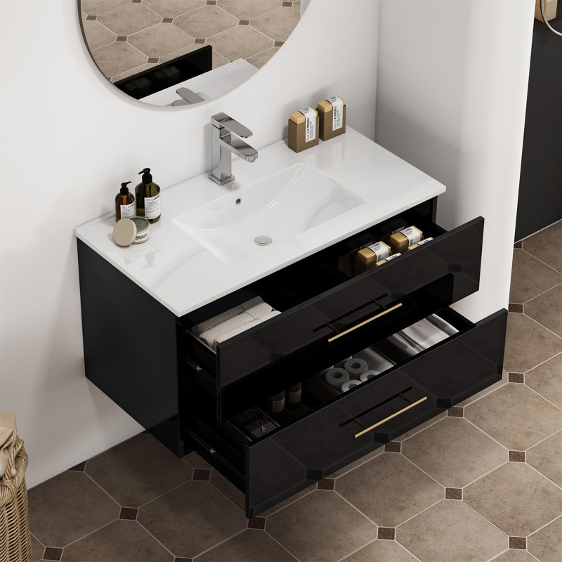 Meuble-lavabo mural noir 36 po avec lavabo 36 po, Noir, 39"