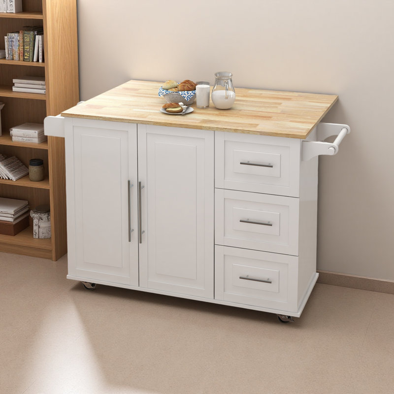Îlot de cuisine avec support à épices, porte-serviettes et plateau de table en bois massif extensible
