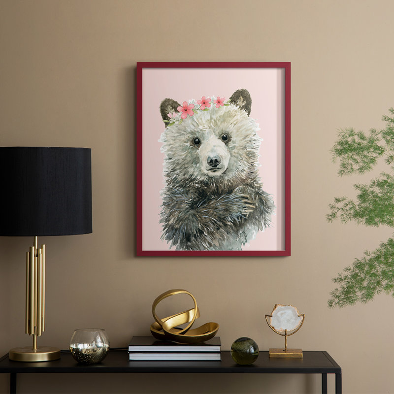 Reproduction encadrée d'un ourson en bois massif, H 21 po x l 17 po, Rouge