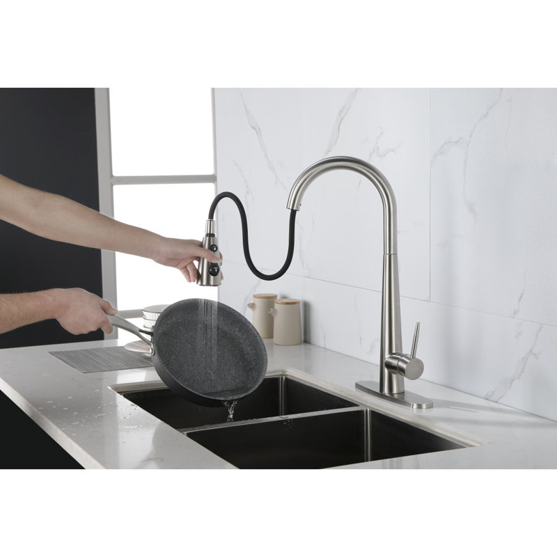 Kitchen Faucet With Pull Down Sprayer Brushed Nickel, High Arc Single Handle Kitchen Sink Faucet With Deck Plate, Commercial Modern Stainless Steel Kitchen Faucets