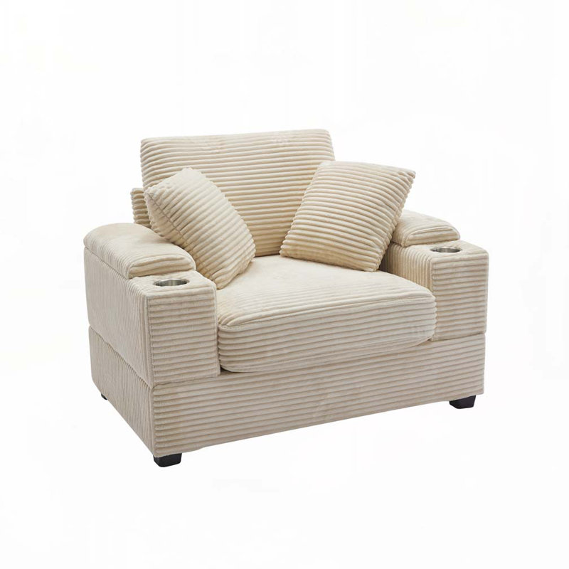 Upholstered Chair with Ottoman,Cupholders,Detachable Cushions Deep Seat, Beige Corduroy