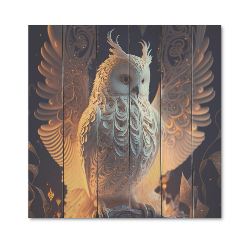 Hibou blanc lumineux II - impression sur bois sans cadre, H 16 po x l 16 po x P 1 po