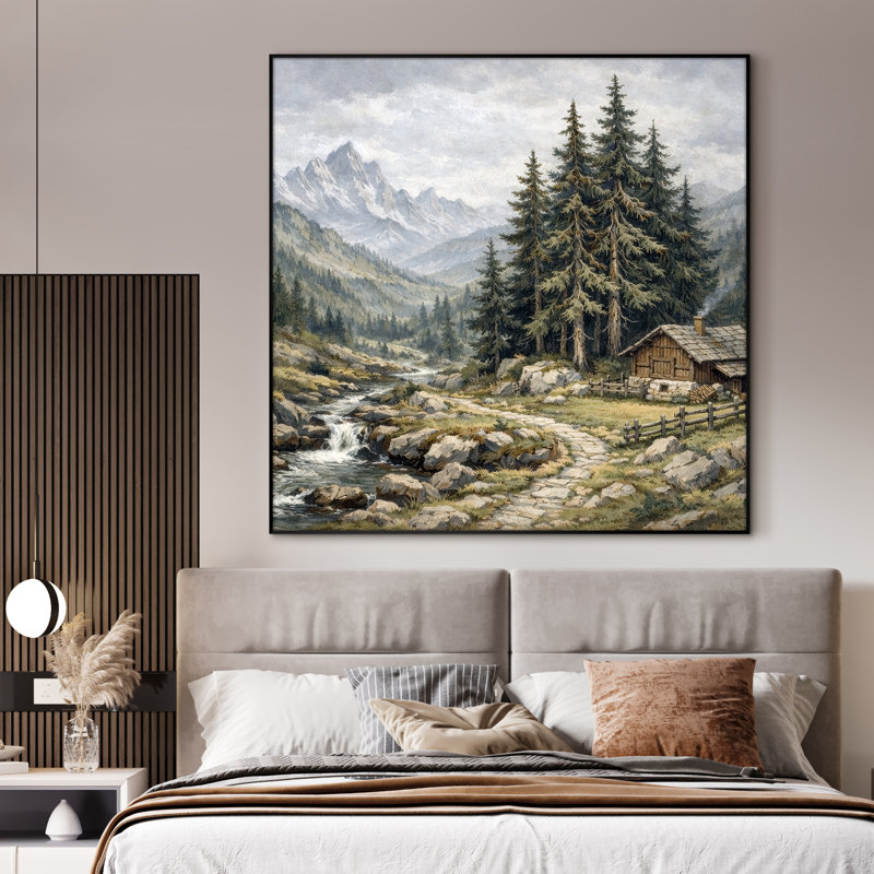 Très grand art mural imprimé sur toile - Paysage de montagne gris, décor de salon rustique - «Assemblage requis du cadre (cadre non fini)»