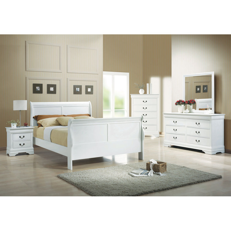 Ensemble de chambre à coucher avec lit-bateau Jeanine_4 pièces, Blanc, Simple