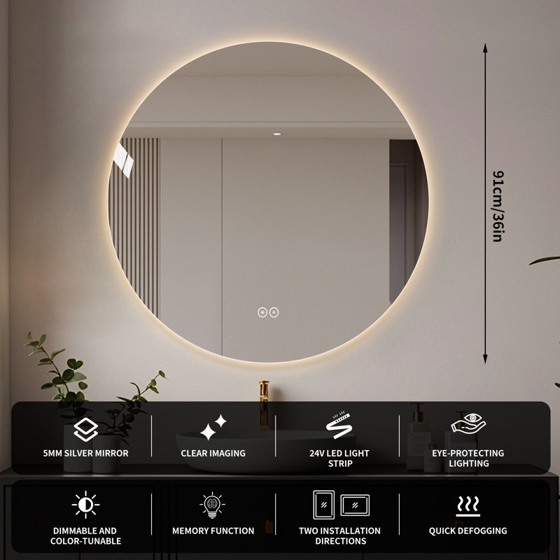 Miroir de salle de bain rond à rétroéclairage à DEL de 36 po x 36 po avec 3 températures de couleur, éclairage à intensité variable, contrôle tactile antibuée et verre incassable