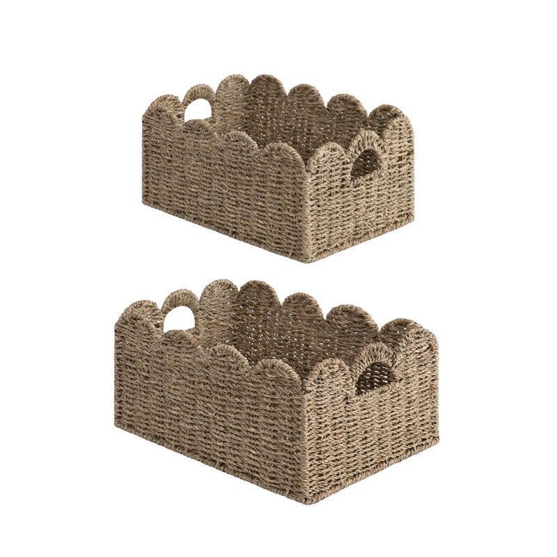 Handwoven Seagrass Scalloped Wicker Baskets With Handles For Storage And Decor, Set Of 2