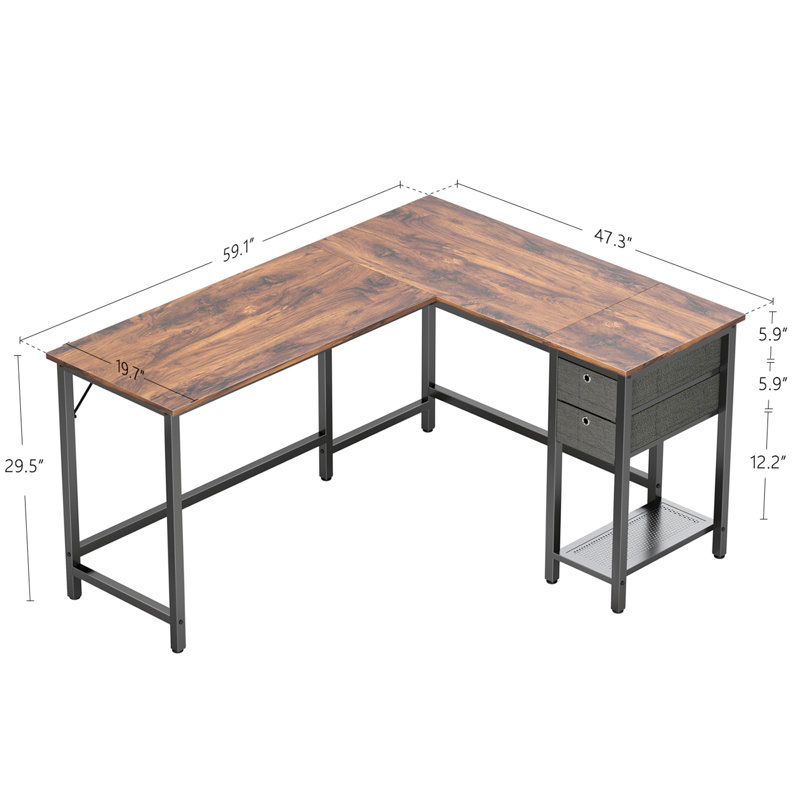 L-Shaped Metal Base Computer Desk, Dark Brown