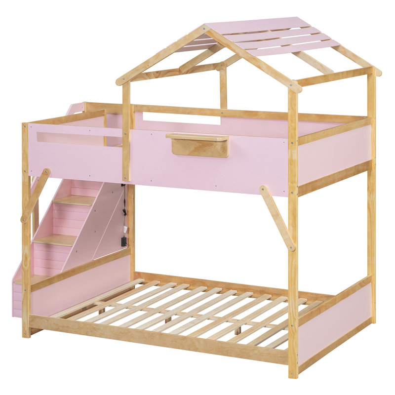Lit superposé double au dessus d'un lit double avec escalier et garde-corps Havenloft, Rose