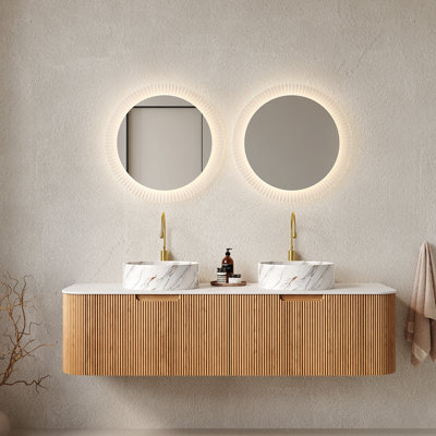 60" Bathroom Vanity&Sinks, Floating Curved Edges Striped Storage Cabinet With 2 Drawers, 2 Stone White Round Ceramic Basins&Carrara White Sintered Stone Top, Pre-Assembled, Natural Woodgrain