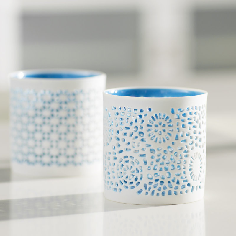 2 Piece Metal Tabletop Votive Holder Set, White/Blue