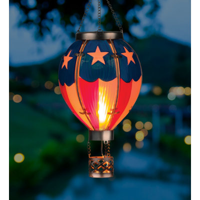 15" Hanging Solar Hot Air Balloon Lantern with Glass Panels and Metal Frame