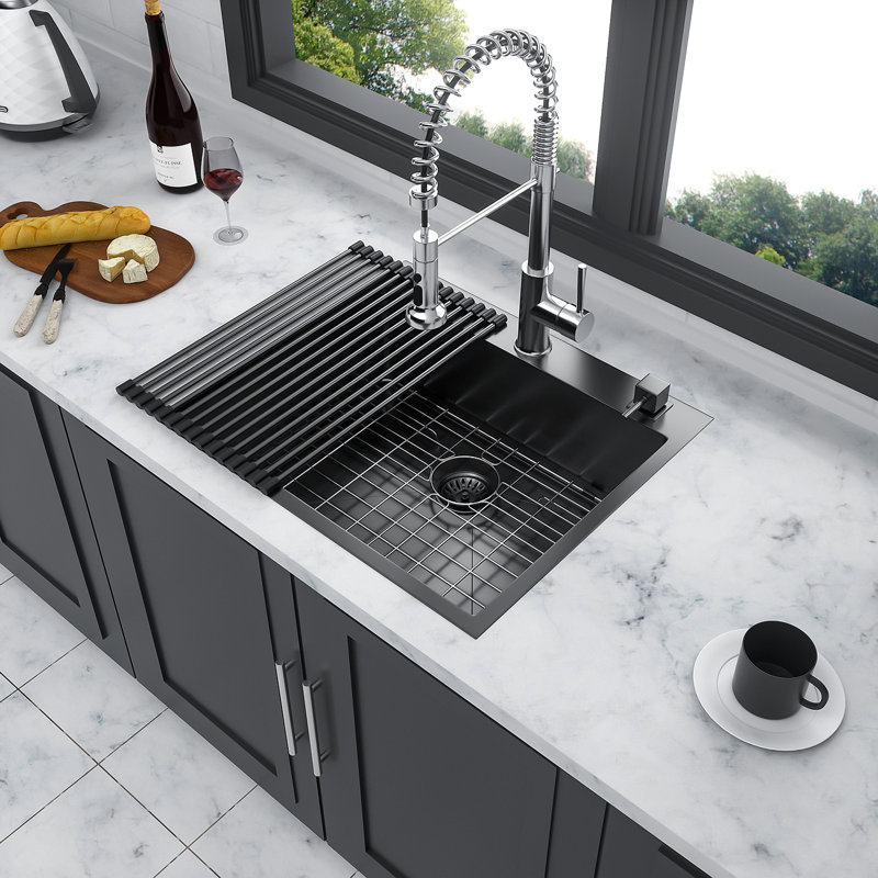 Évier de cuisine encastré 25 po x 22 po à cuve unique en acier inoxydable à cuve profonde noire de calibre 16