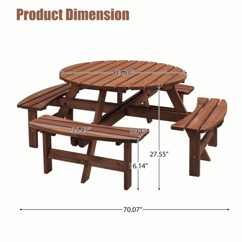 8 Person Wooden Picnic Table, Outdoor Camping Dining Table with Seat, Garden, DIY w/ 4 Built-in Benches, Brown