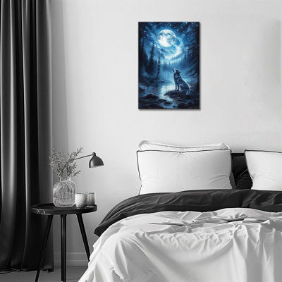 Wildlife Wolf Canvas Wall Art Animal Wall Decor Wolf Howling To The Moon Poster Framed Luminous Scenery Wolf Natural Artwork For Living Room Bedroom Decor