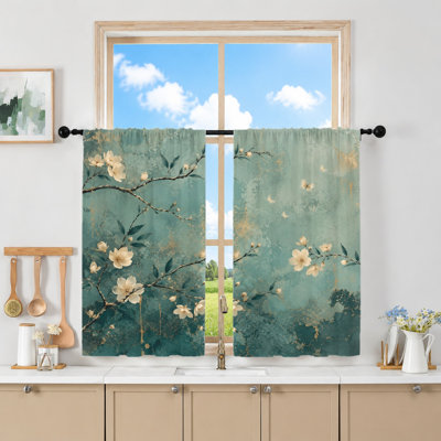 2Pcs Artistic Floral Curtains, Light Filtering, Vintage Cherry Blossom & Butterfly Print, Rod Pocket Design for Living Room, Bedroom, Balcony, Kitchen Home Decor