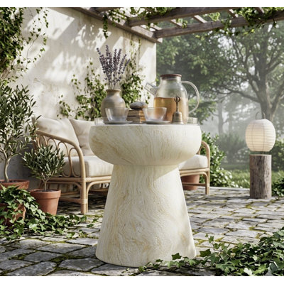 Mushroom Concrete Side Table – Geometric Pedestal Design – Multi-Purpose Outdoor/Indoor Accent Table, Easy-Clean Matte Finish