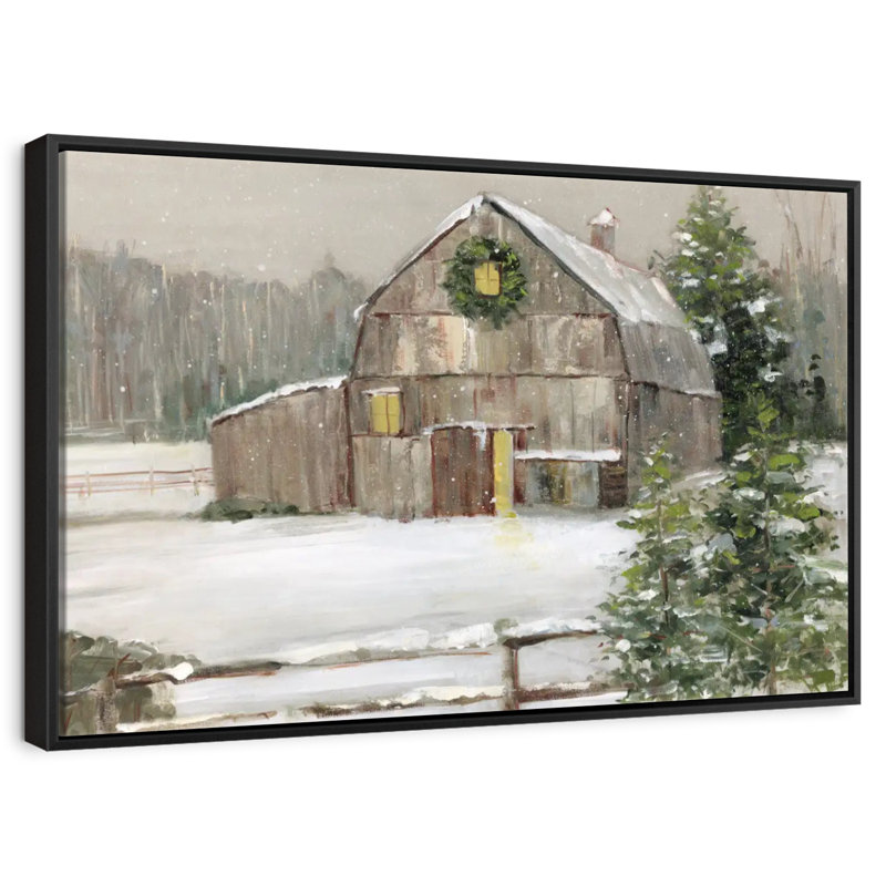 Snowy Winter Barn, Floating Frame Black, 40" X 27"