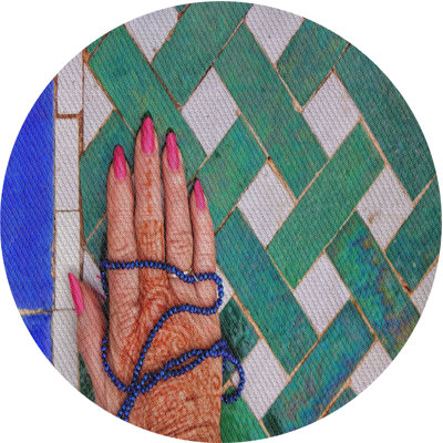 Tapis à motifs vert/bleu/orange zone orange Strouth