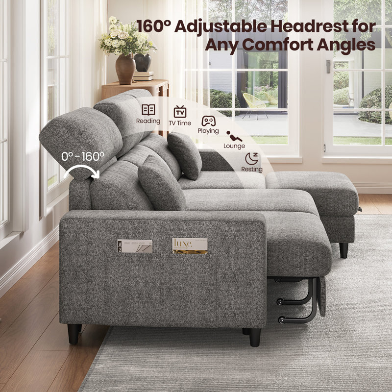 99'' Chenille Manual Reclining Sectional Sofa with Chaise, Modular Sofa With Storage, 33'' Seat Depth, Adjustable Headrest, Pull Out Sleeper Sofa Couch For Home Theater, Living Room, Apartment, Comfy Gray Chenille Fabric