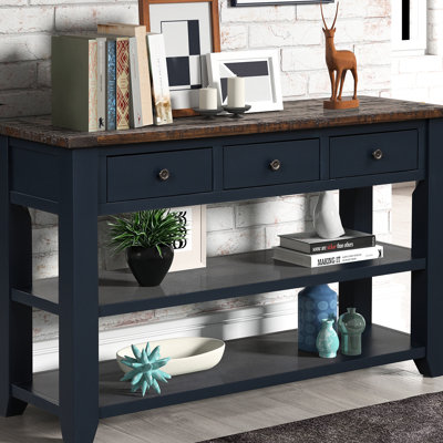 Table d'appoint 48 po en bois de pin massif bleu, 3 tiroirs et 2 tablettes, pour hall d'entrée, chambre à coucher, salon, console moderne - bois, contemporain