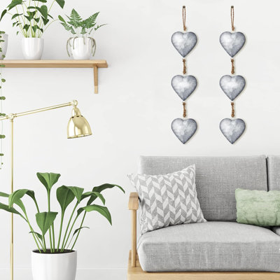 Ensemble de 2 décorations suspendues cœur en métal rustique, art mural 3D en cœur galvanisé sur corde de chanvre pour jardin de patio de chambre à coucher de ferme