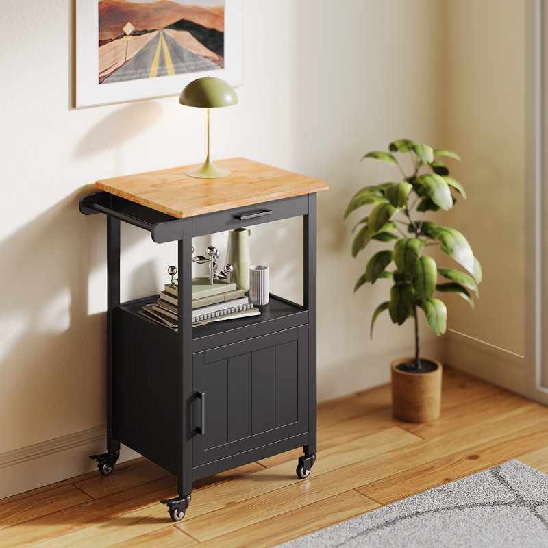 Wood Top Kitchen Cart with Open Storage Shelf, 1 Storage Cabinet, Wheels, 1 Drawer & Towel Rack, Black