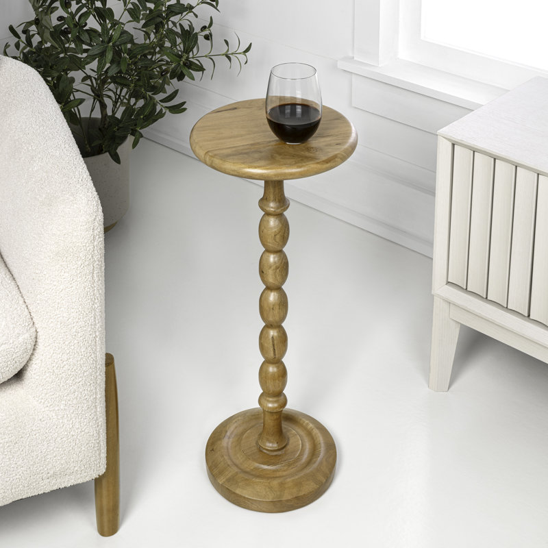 Augustus 11" x 24.5" Cottage Round Solid Mango Wood Spool Pedestal Drink Table - Natural Turned Accent Side & End Table for Living Room