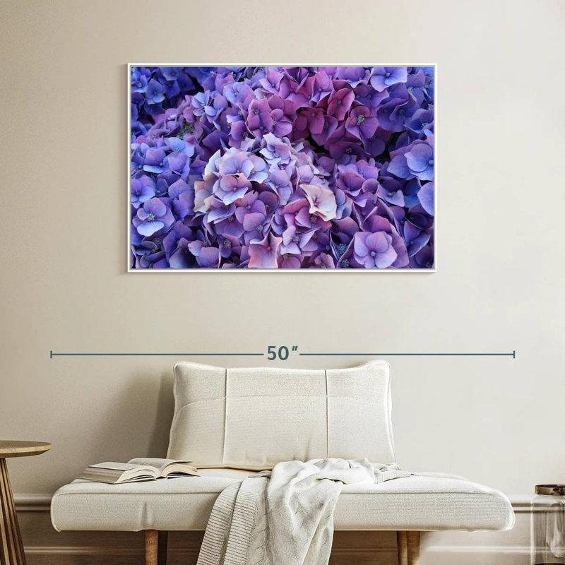 Grappes d'hortensias mauves, Cadre flottant blanc, 40 po x 27 po