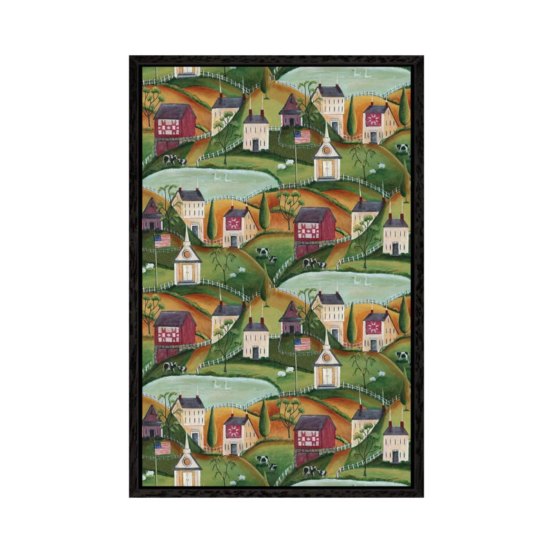 Primitive American Folk Art Village Of Yesteryear Bartley by Cheryl Bartley - Painting on Canvas, Black Framed