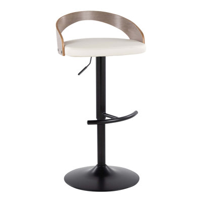 Adjustable Barstool In Metal, Light Grey Wood, And White Faux Leather With Rounded T Footrest - Set Of 2