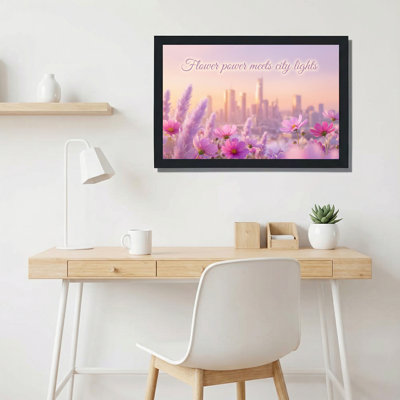 Flower Power Meets City Lights Canvas Wrapped Wall Art Oil Painting Print Set Of 1