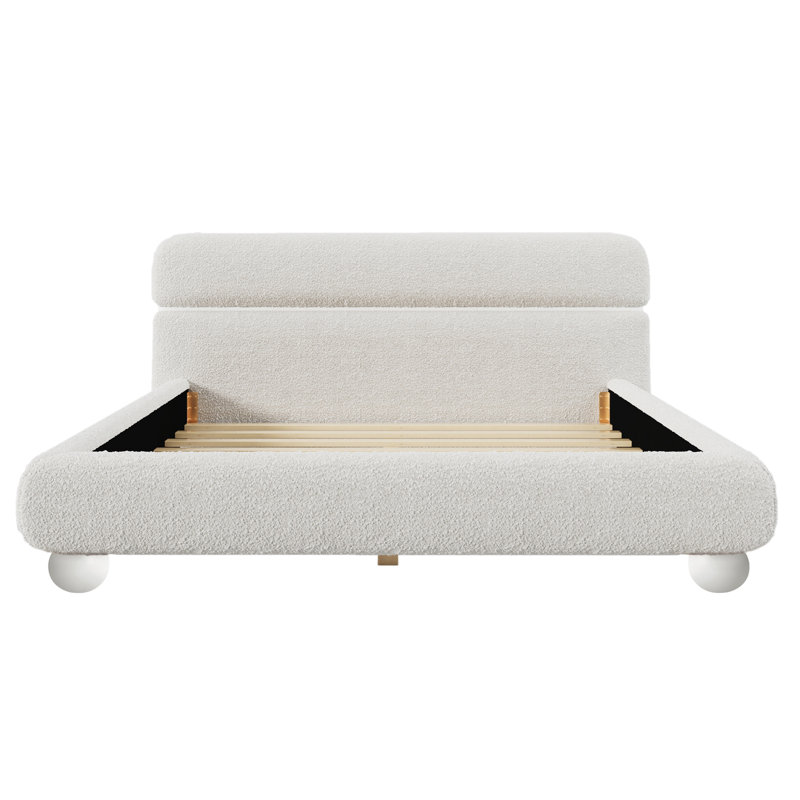Lit tapissier contemporain avec tissu bouclé en molleton Teddy et pieds ronds massifs Design courbé élégant pour la chambre à coucher, grand lit, blanc