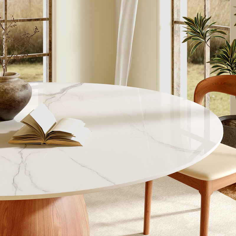 Mid-Century Modern Round Dining Table, 39"/43"/47"/53"/59" Sintered Stone Top, Solid Wood Base, Farmhouse Kitchen Table, Stain & Scratch Resistant