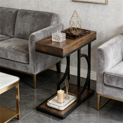 Table de bout étroite en forme de C, plateau en faux marbre avec cadre doré, petit canapé et table basse, table d'appoint moderne en demi-cercle pour le salon