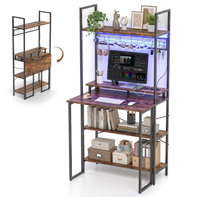 Folding Computer Desk with Hutch, Shelves, LED Lights & Power Strip