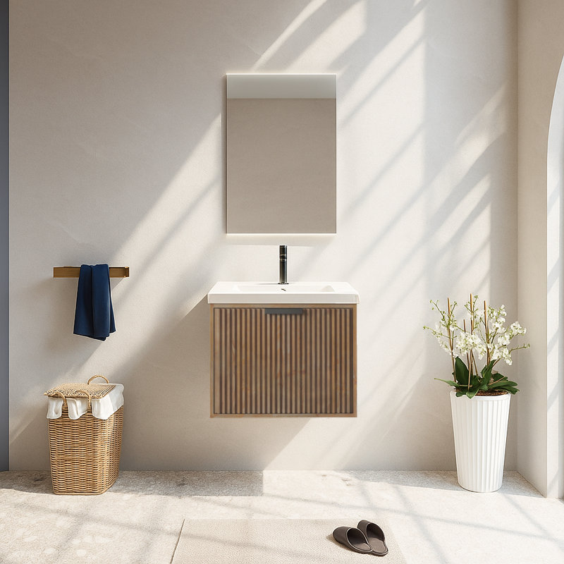 Meuble-lavabo flottant 24 po avec lavabo simple blanc Maxbano, Marron clair, Noir