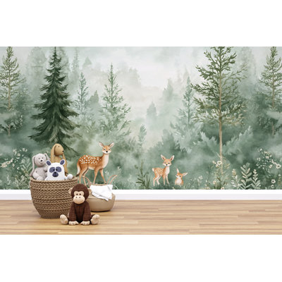 Misty Green Forest With Deer Wallpaper – Watercolor Woodland Animals Mural For Nursery Or Playroom, Forest Landscape Wall Decor For Children