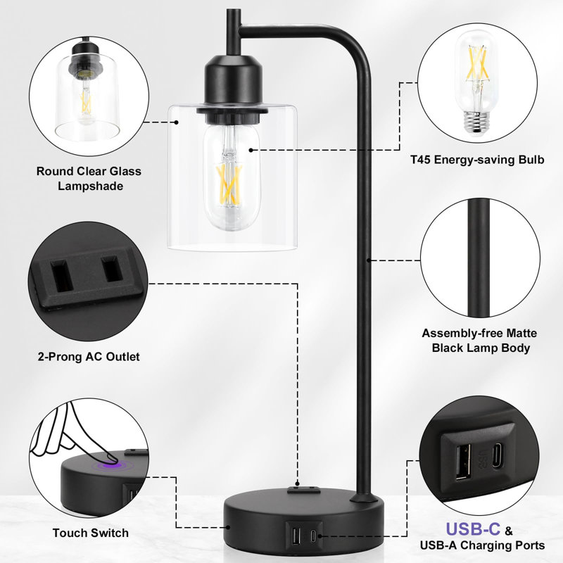 Black Industrial Touch Table Lamps Set with Glass Shade