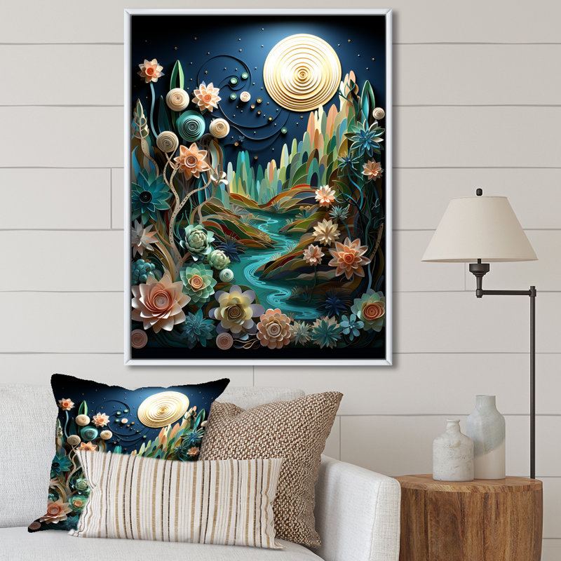 Cactus bleu sarcelle crépuscule I - art mural sur toile Cactus, Cadre flottant blanc, H 40 po x l 30 po x P 1,5 po