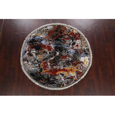 Tapis unique noir / gris / rouge nouvel âge noué à la main 6 pi 2 po