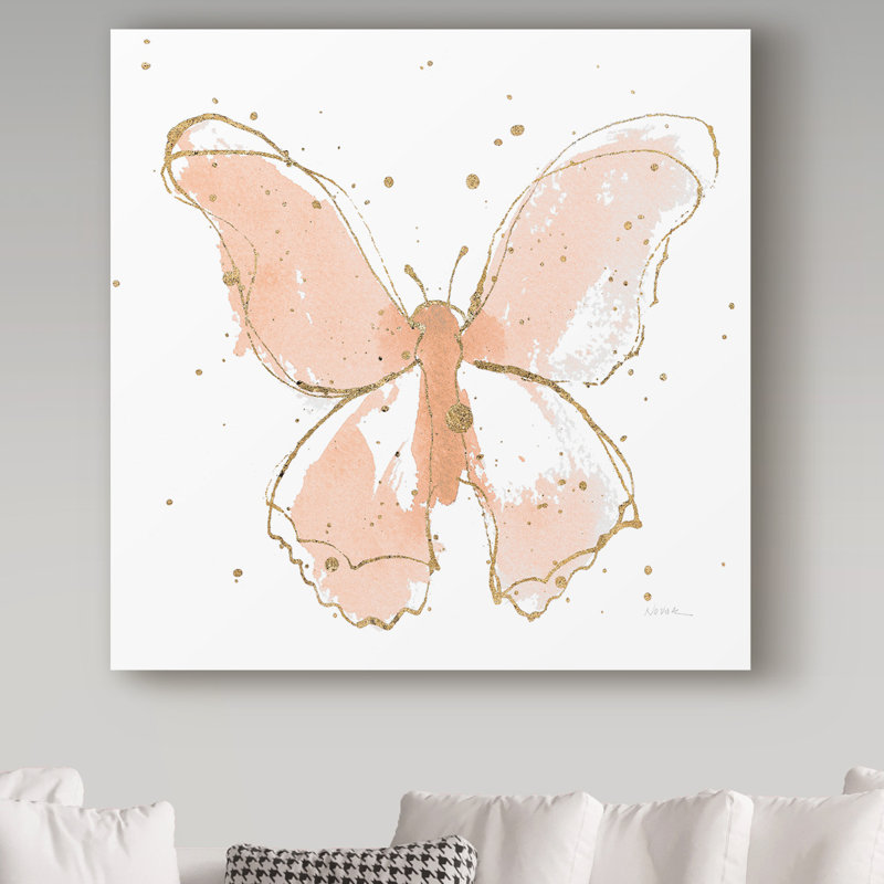 « gilded papillons ii rosé », reproduction de peinture à l’acrylique sur toile tendue, H 14 po x l 14 po x P 2 po