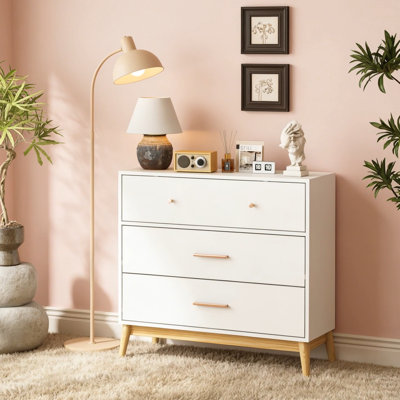Nordic Style 3-Drawer Storage Cabinet, Modern White Chest Of Drawers With Rose Gold Handles & Solid Wood Base, Small Space Organizer For Office, Kids Room, Nursery