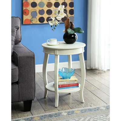 Table d'appoint antique blanche - pieds ronds en bois avec tablette de rangement et pieds