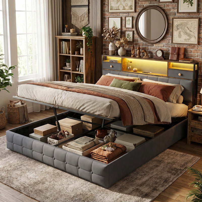 Velvet Ottoman Bed with RGB LED & Charging Station, Tufted Storage Headboard with Drawers, Beige/Grey, EU Double & King Size 140/160x200cm