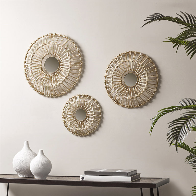 Gold Corn Husk Wrapped Round Decorative Mirror Set