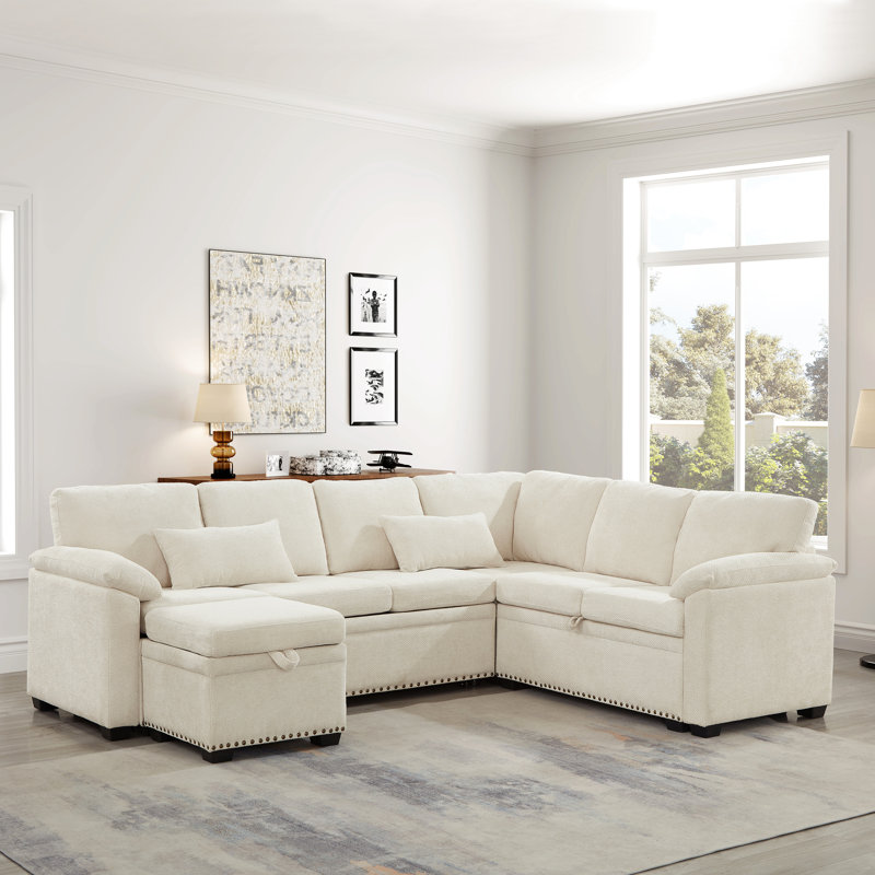 Chenille Fabric 97 Inch L-Shaped Sectional With Storage , 7 Seats, Beige Living Area 7, Beige, For Room