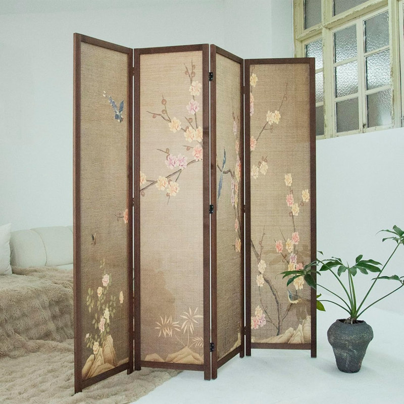 Colourful Plum Bamboo Folding Room Divider with Double Sided Design for Home and Office
