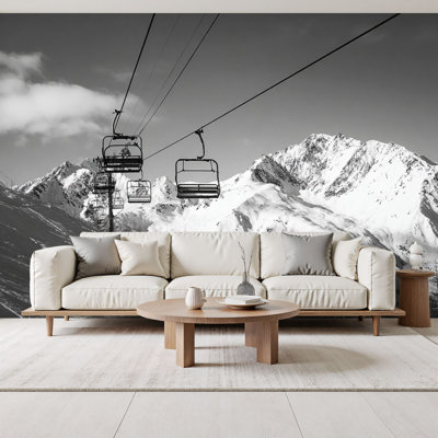 Peel and Stick Wallpaper Chair lift ski resort snowy mountains nice sunny day Wall Murals 69"H x 96"W Removable PVC Wall Paper Self-Adhesive Wall Paintings Art Decor for Kids Bedroom Living Room Nursery Office
